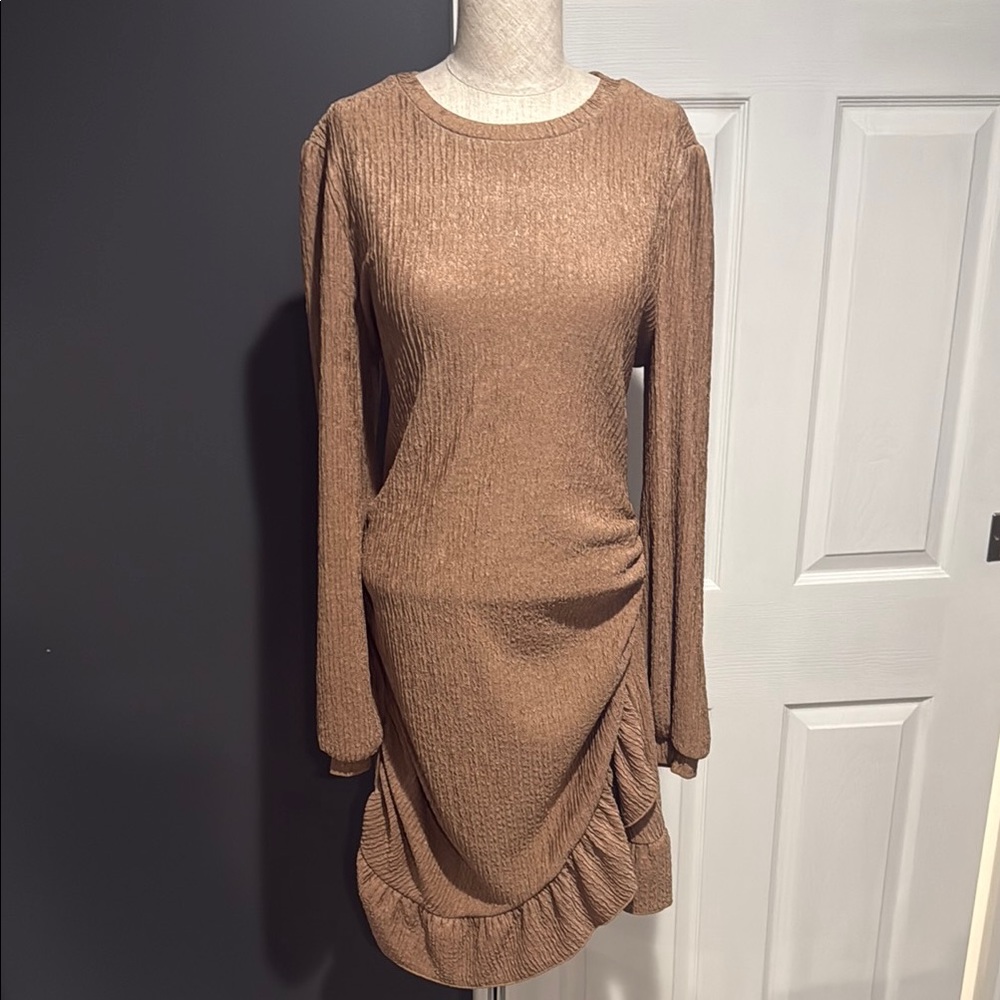 Asymmetrical Ruffled Tan Sheath Dress with Bishop Sleeves